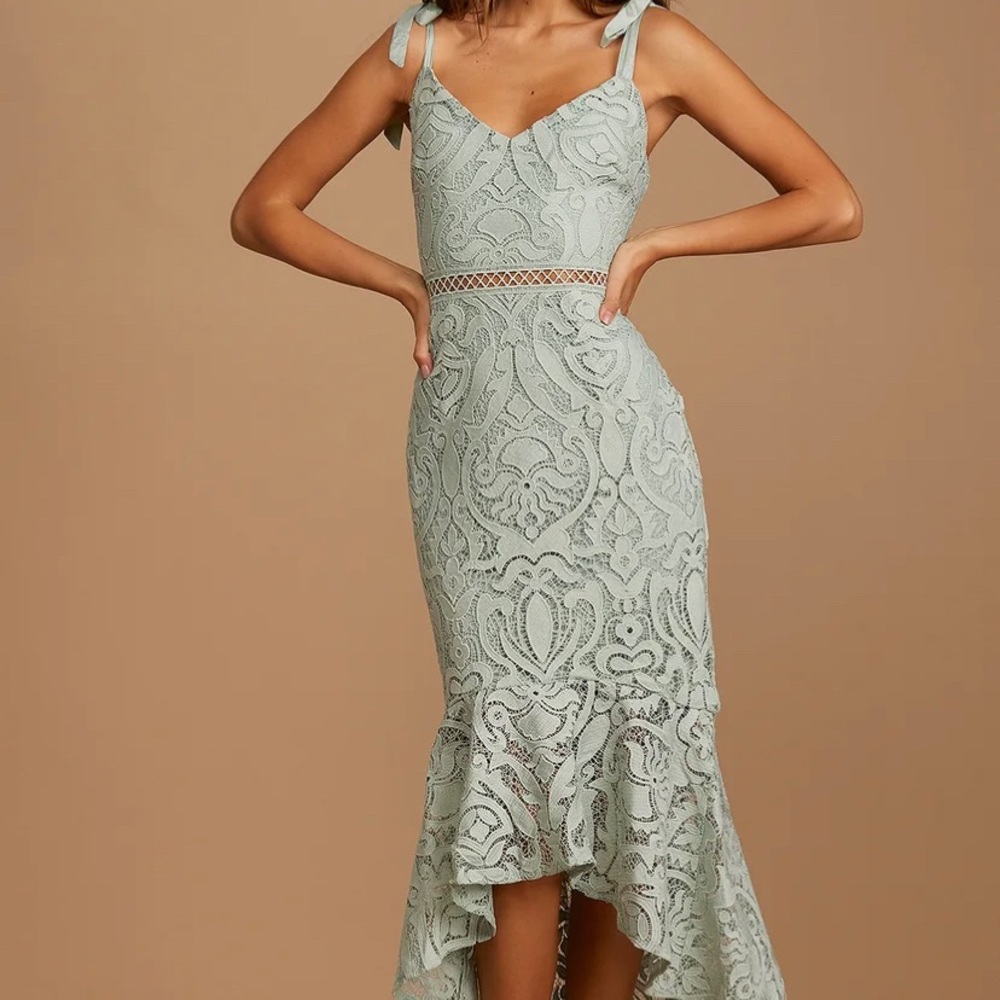 Won Your Heart Sage Green Lace Tie-Strap High-Low Midi Dress